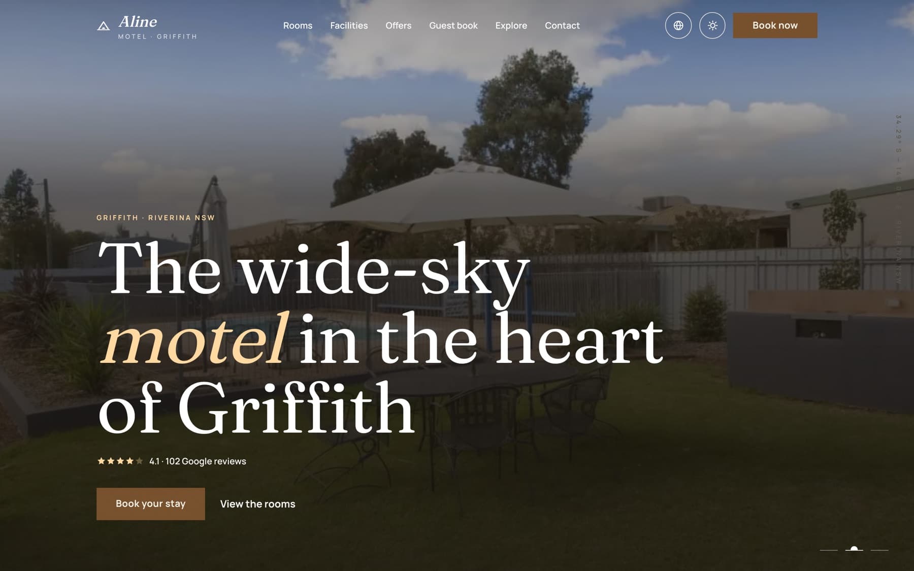 The Aline Motel homepage: a serif headline reading “The wide-sky motel in the heart of Griffith” over a photograph of the motel garden at dusk, with a booking call to action and a 4.1 Google rating.
