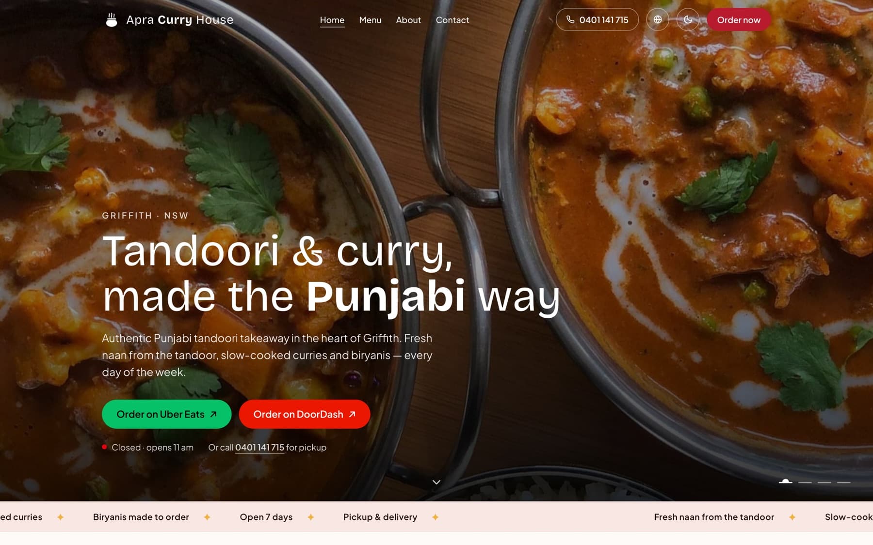 The Apra Curry House homepage: “Tandoori & curry, made the Punjabi way” set over two bowls of curry, with Uber Eats and DoorDash buttons and a live “Closed · opens 11 am” line.